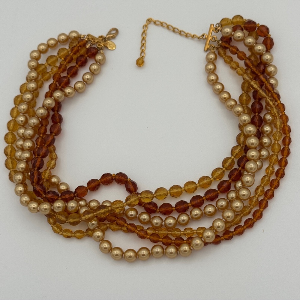 Kenneth Jay Lane Amber Gold Multi-Strand Necklace Vintage KJL Glass Pearl Beads